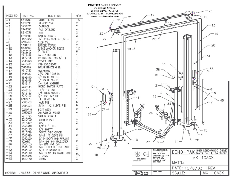 BendPak MX-10ACX Parts – Panzitta Sales & Service