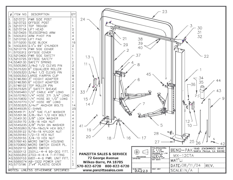 BendPak MX-12CTA Parts – Panzitta Sales & Service