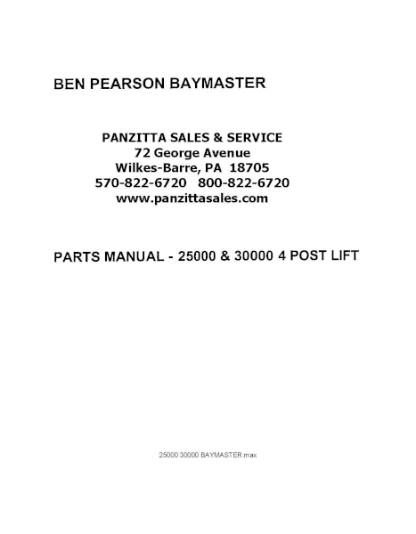BEN PEARSON 25000, 30000 BAY MASTER LIFT PARTS