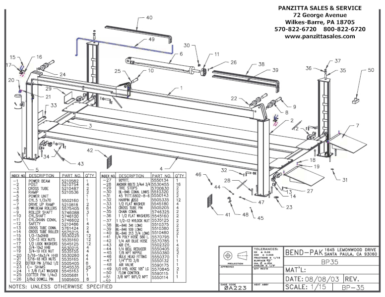 BendPak & Prolift Lift Parts And Breakdowns – Panzitta Sales & Service