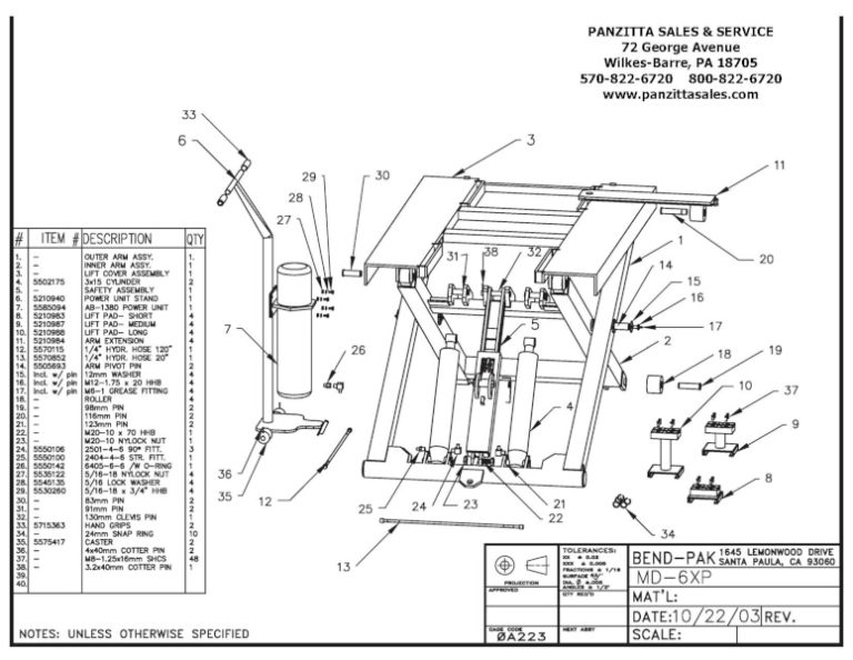 BendPak MD-6XP Parts – Panzitta Sales & Service