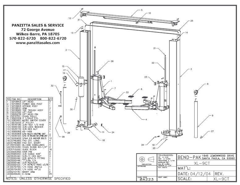 BendPak XL-9CT Parts – Panzitta Sales & Service