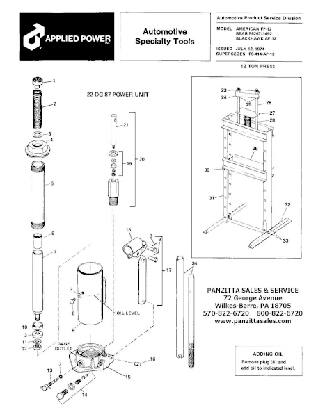Bear 56267 or 1492 12-Ton Press Parts Manual