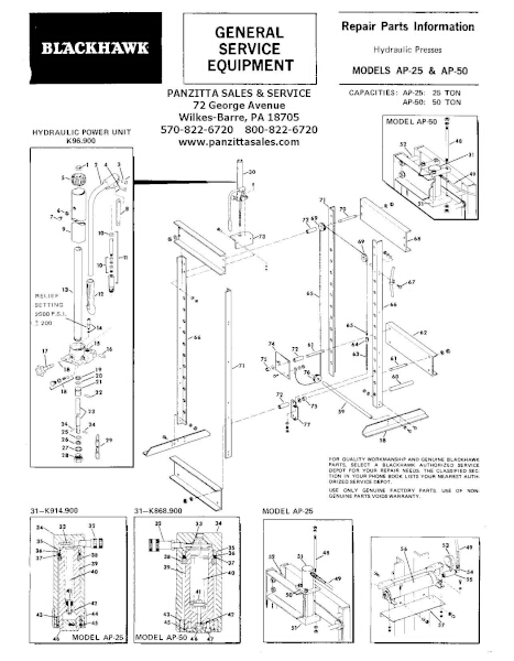 Black Hawk AP-25, AP-50, 25Ton, 50Ton Presses Parts Manual